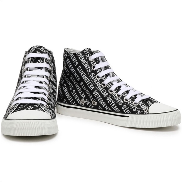 VETEMENTS Black/White Logo Print Canvas Hi-Top Sneakers Size 36. 6M - Picture 1 of 11